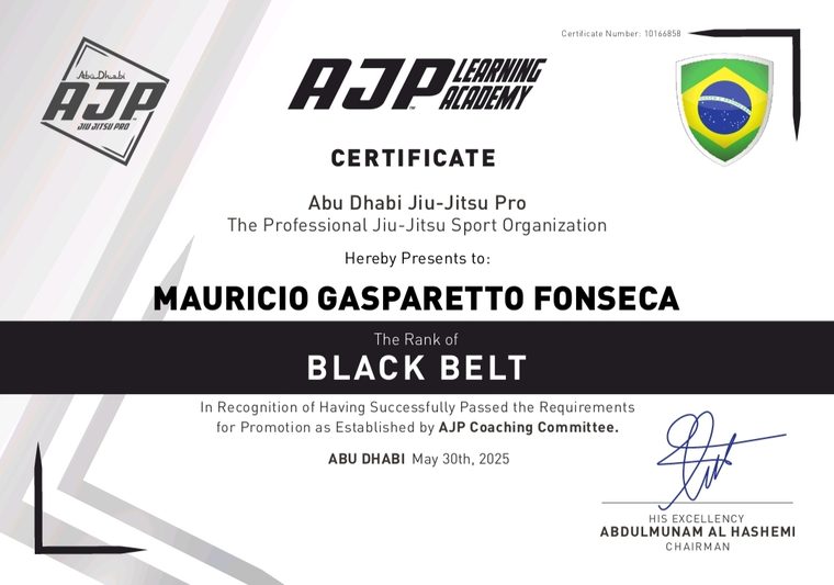 Certificado de cinturón negro emitido por la AJP